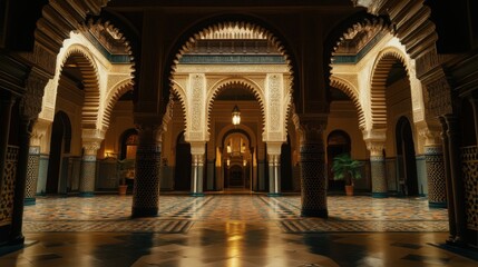 Obraz premium Warm-lit arches adorned with intricate patterns stand in a calm and peaceful nighttime setting with starlit skies.