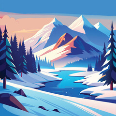Fototapeta premium A stunning winter landscape with snow-capped mountains and a winding river.