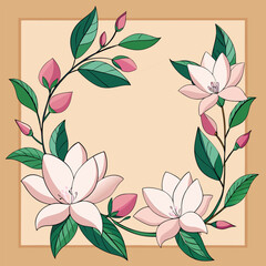 Delicate pink flowers and green leaves create a floral frame.