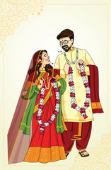 Indian wedding invitation card with character of indian groom and bride