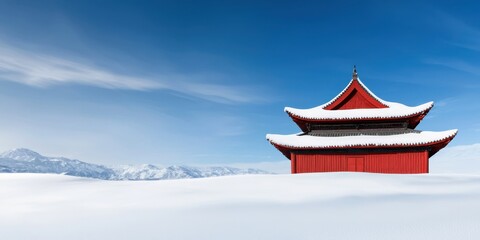 Winter holiday travel culture. A red structure stands alone in a snowy landscape under a clear blue sky, evoking tranquility and serenity in a winter setting.