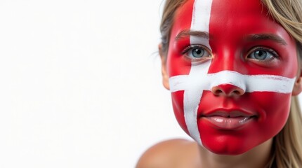 Obraz premium Woman with Danish flag face paint, smiling expression, and vibrant colors