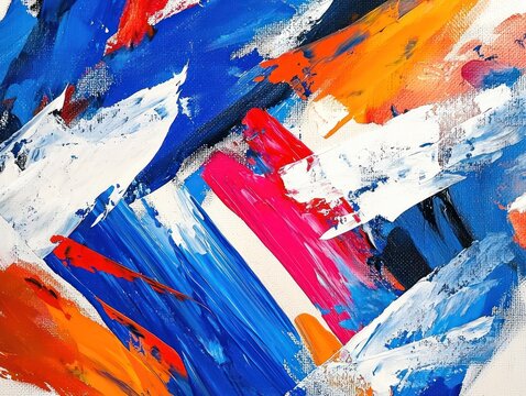 An energetic painting filled with bold brushstrokes in blue, red, orange, and white, conveying creativity and vibrancy through its dynamic composition.
