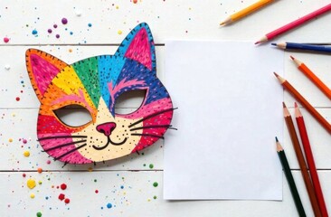Top view, handmade. On the left is a paper cat mask, painted with multi-colored pencils, paints and pencils are scattered chaotically nearby on a white wooden table, the mask is made in bright positiv