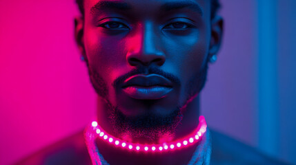Young man with beard in neon lighting looking intense at camera