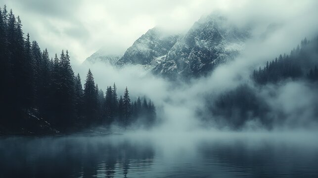 Misty mountain lake with snow-capped peaks and dark evergreen trees.