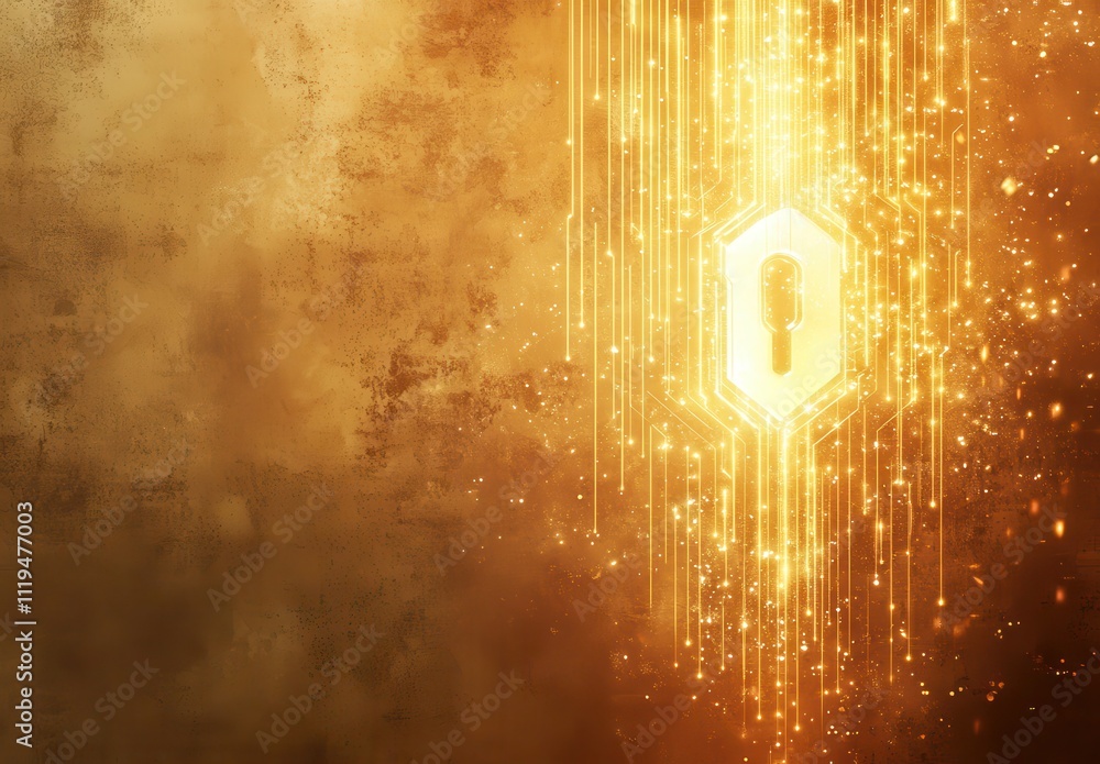 Poster abstract golden background with a glowing padlock symbol representing digital security, privacy prot