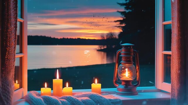 Enjoy the beauty of sunset with Lanterns and candles lit in the window. 4k time lapse video background that loops infinitely