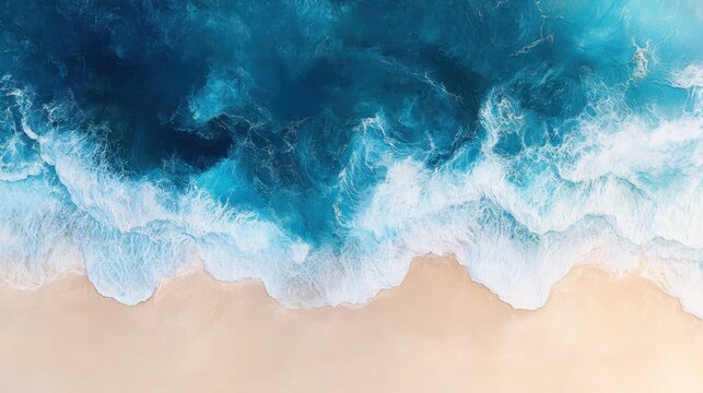 Aerial View of Turquoise Ocean Waves Gently Breaking on a Sand Beach with Clear Water and Soft Foam Patterns Forming Beautiful Textures and Patterns Above the Shoreline