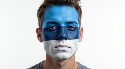 Man with Estonia flag on face, calm expression, artistic look