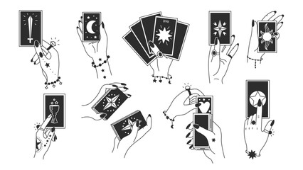 Hand holding Tarot Cards Set. Fortune telling prediction woman gestures collection in line art doodle sty. Mystical Esoteric icons. Vector illustration