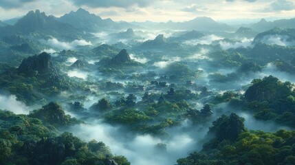 Fototapeta premium Misty mountain landscape, lush green forest, aerial view.