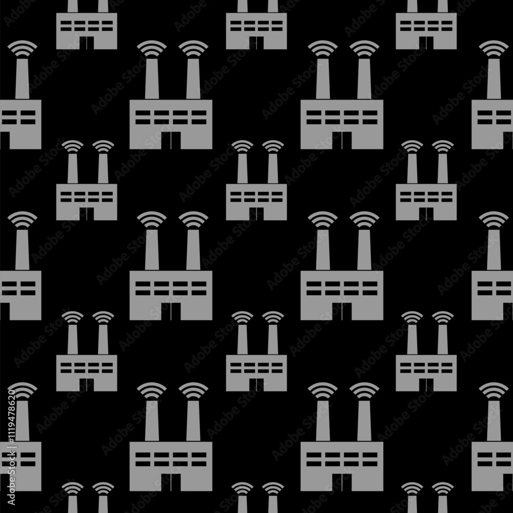 Poster smart factory building icon isolated seamless pattern on black background
