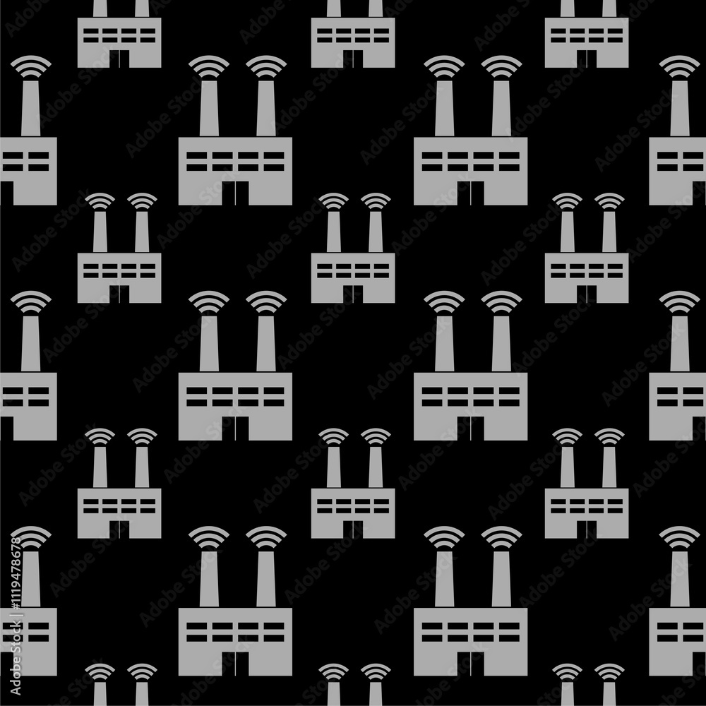 Poster smart factory building icon isolated seamless pattern on black background