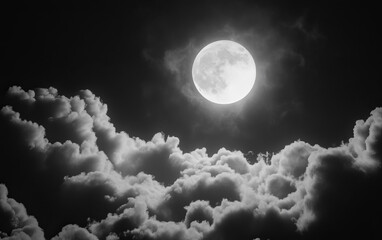 A mystical night sky with a glowing full moon surrounded by drifting clouds, creating a magical and serene atmosphere in the natural landscape.
