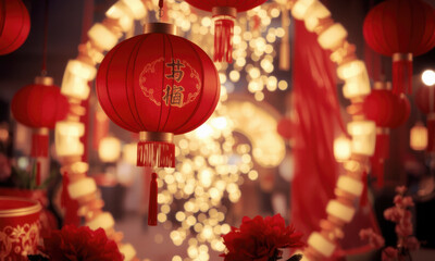 Festive red lanterns illuminate vibrant celebration, creating warm and joyful atmosphere. scene captures essence of cultural festivities and traditions