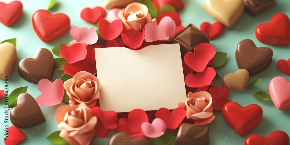 Poster heart-shaped arrangement of colorful chocolate and roses with blank space for custom message or gree