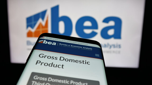 Stuttgart, Germany - 11-20-2024: Mobile phone with website of US statistics agency Bureau of Economic Analysis (BEA) on screen in front of logo. Focus on top-left of phone display.