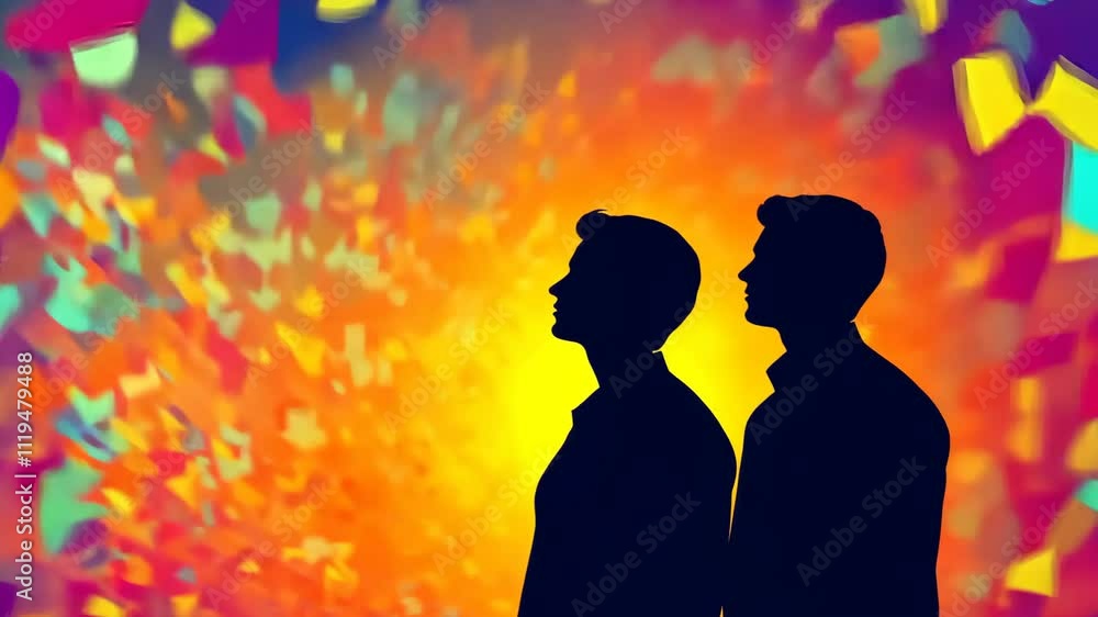 Poster silhouetted figures against a vibrant abstract background create a dynamic visual contrast in an art