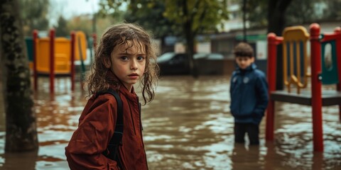 Naklejka premium A vivid scene shows two children in a flooded playground. The girl looks concerned while the boy appears calm. This image captures the impact of nature on urban life. AI