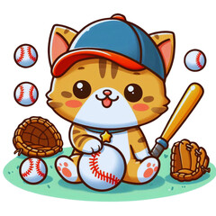 cute cartoon bear and cat play baseball.