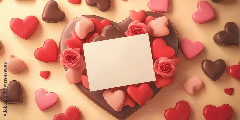Poster flat lay composition featuring heart-shaped chocolates and roses with blank space for text arrangeme