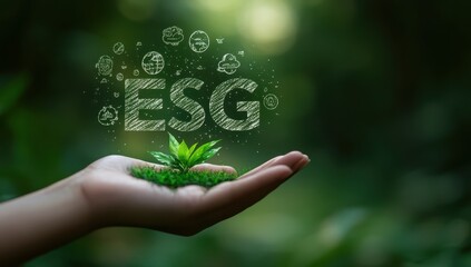 Conceptual representation of ESG values illustrated by a hand holding a small plant, symbolizing environmental responsibility and sustainable practices in nature.