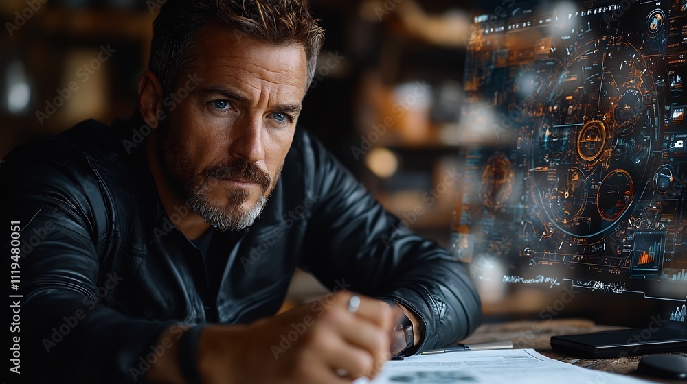 Poster futuristic insurance agent discussing coverage options with business owner via holographic display