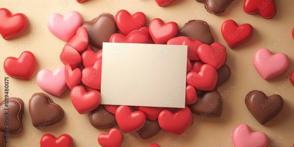Poster flat lay composition featuring heart shaped chocolates in various colors with blank cardboard for cu