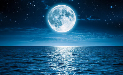 A serene seascape featuring a bright full moon reflecting over calm waters.