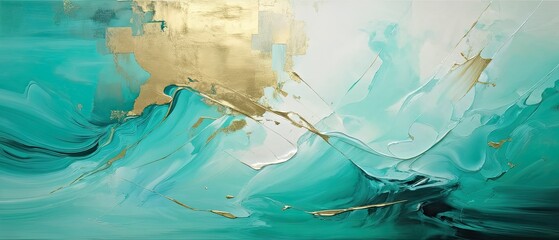 Fototapeta premium Abstract Ocean Waves Painting with Gold Accents in Turquoise and Teal Hues