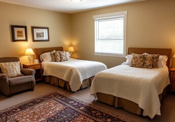 Cozy and Inviting Hotel Room with Two Twin Beds, Warm Lighting, Comfortable Armchair, and Elegant Decor for Relaxing Stay or Vacation Retreat
