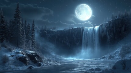Frozen waterfall illuminated by full moon, snowy forest surroundings, tranquil winter night, magical icy ambiance, serene natural landscape, mystical frosty scenery