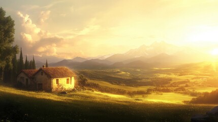 Rustic house on a hill overlooking a sunlit valley and mountains at sunset.