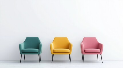 A modern arrangement of three colorful chairs—teal, yellow, and pink—against a minimalistic white wall, creating a vibrant and stylish atmosphere.