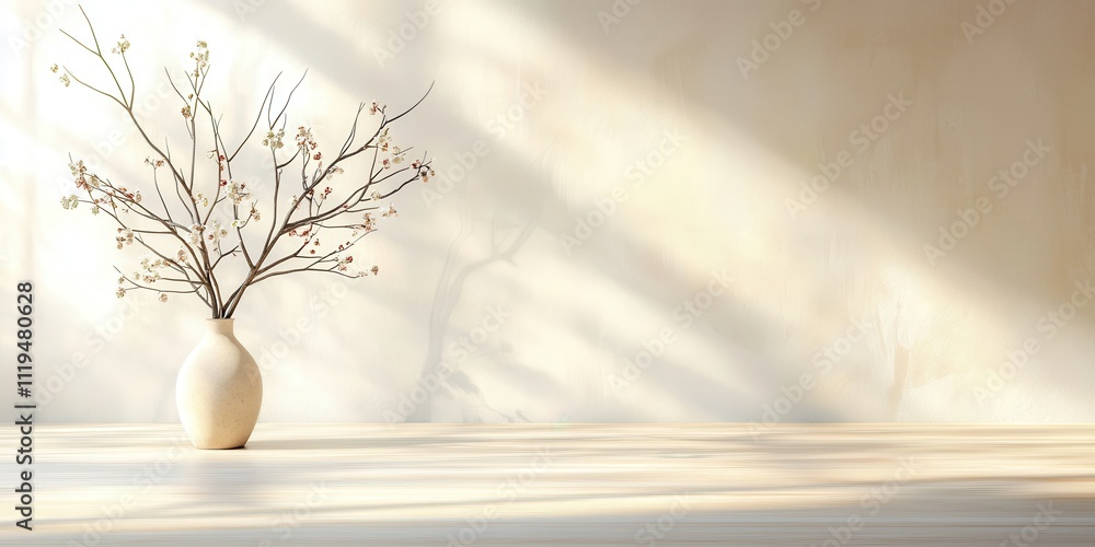 Aufkleber a minimalist vase with branches is elegantly placed on a sunlit surface, creating a serene and calmi