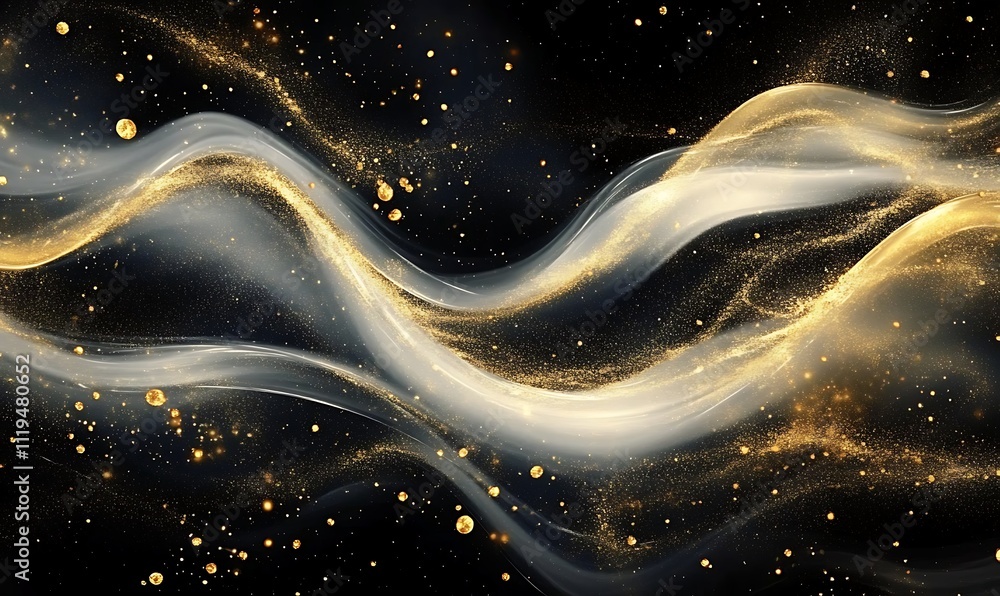 Poster abstract fluid art with swirling gold and white light streams digital particles forming elegant patt