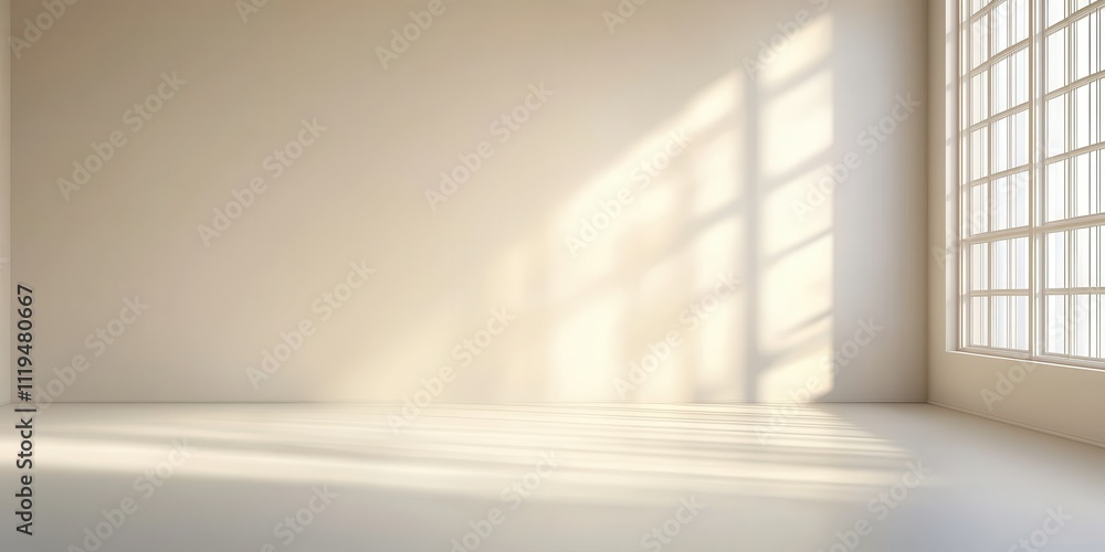 Poster a bright, minimalistic interior space with soft light streaming through large windows, creating a ca