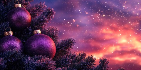 Purple Christmas ornaments on snowy pine branch with magical glowing background, sparkling holiday decor, elegant seasonal decorations, enchanting winter atmosphere, festive charm