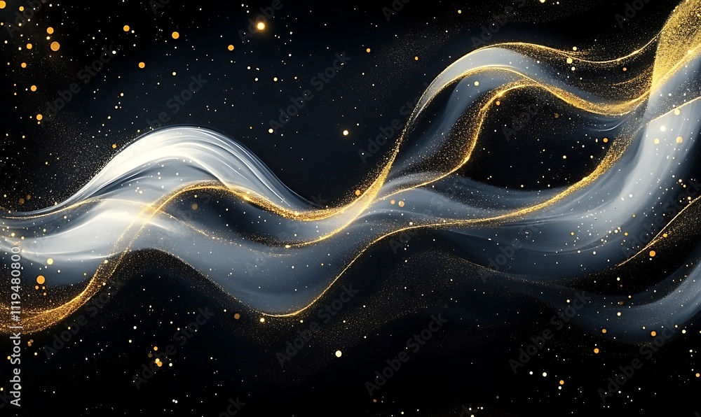 Poster abstract fluid art with swirling gold and white light streams digital particles forming elegant patt