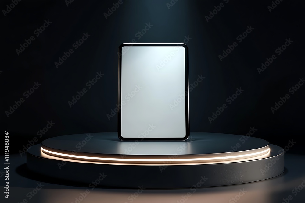 Poster podium with clean mock up screen digital tablet on abstract wall background product presentation con