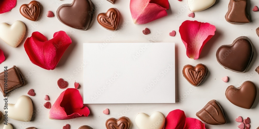 Poster heart shaped chocolates and rose petals arrangement for romantic composition with empty space for te