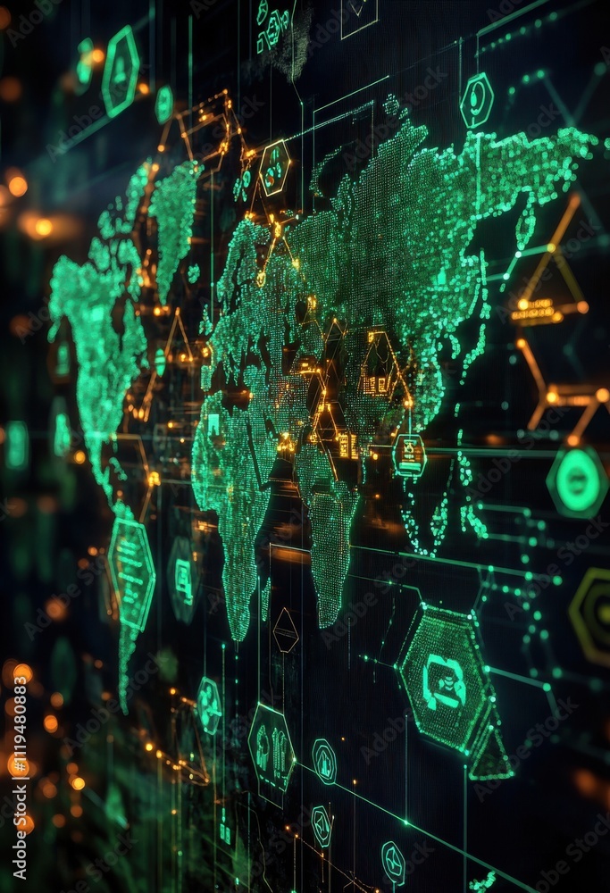 Poster futuristic digital world map with glowing data points