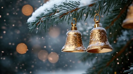 Golden Christmas bells with intricate details hanging on snowy pine branches, festive holiday decor, warm winter atmosphere, sparkling seasonal ornament, magical glowing scene