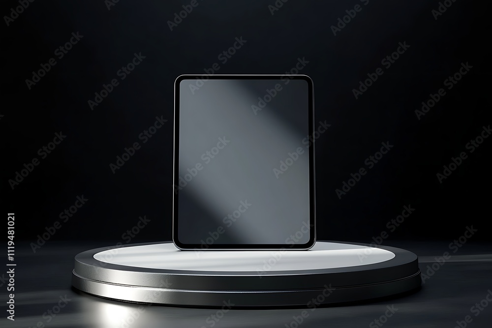 Poster podium with clean mock up screen digital tablet on abstract wall background product presentation con