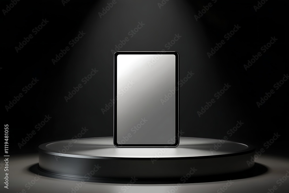 Poster podium with clean mock up screen digital tablet on abstract wall background product presentation con