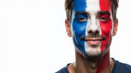 Man with French flag face paint, smiling confidently, showing national pride