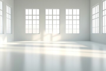 Fototapeta premium A bright, spacious room with large windows allowing natural light to fill the minimalist, white interior.