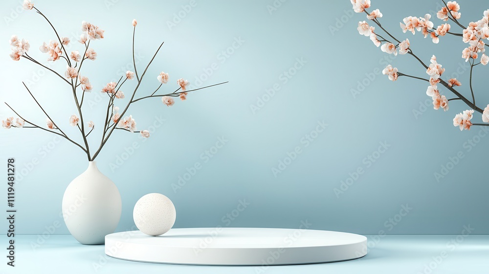Poster a serene display featuring delicate flowers in vases on a simple circular platform against a soft bl