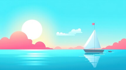 Sailboat at sunset on calm ocean with pink clouds and sun reflection.